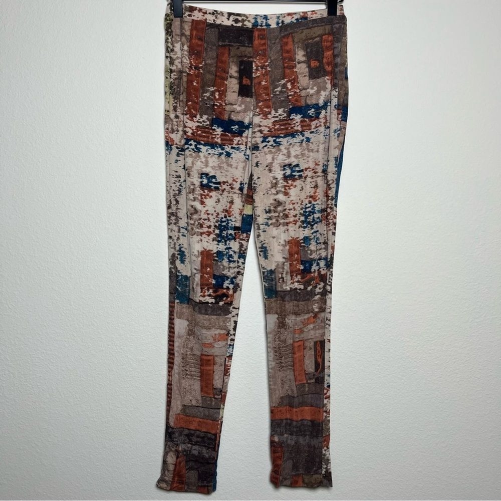 Gary Graham Women 100% Silk Pants XS Multi-Color Abstract Distressed Slim Leg
